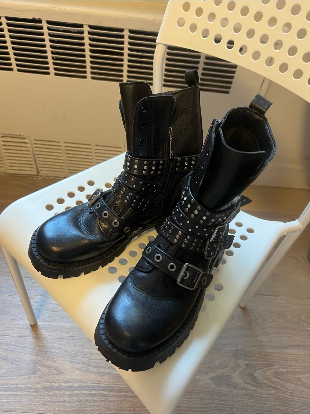 Studded Black Leather Combat Boots - Women